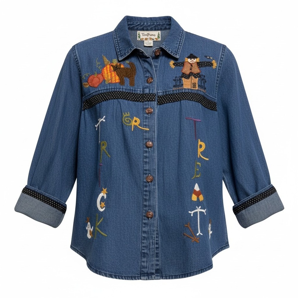 TanTrums Denim Halloween Shirt Women M Blue Trick or Treat Scarecrow Embroidery